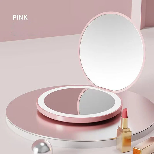 Mini LED Light Makeup Mirror Foldable Compact Mirror with Luminous Circle Portable USB Handheld Makeup Mirror