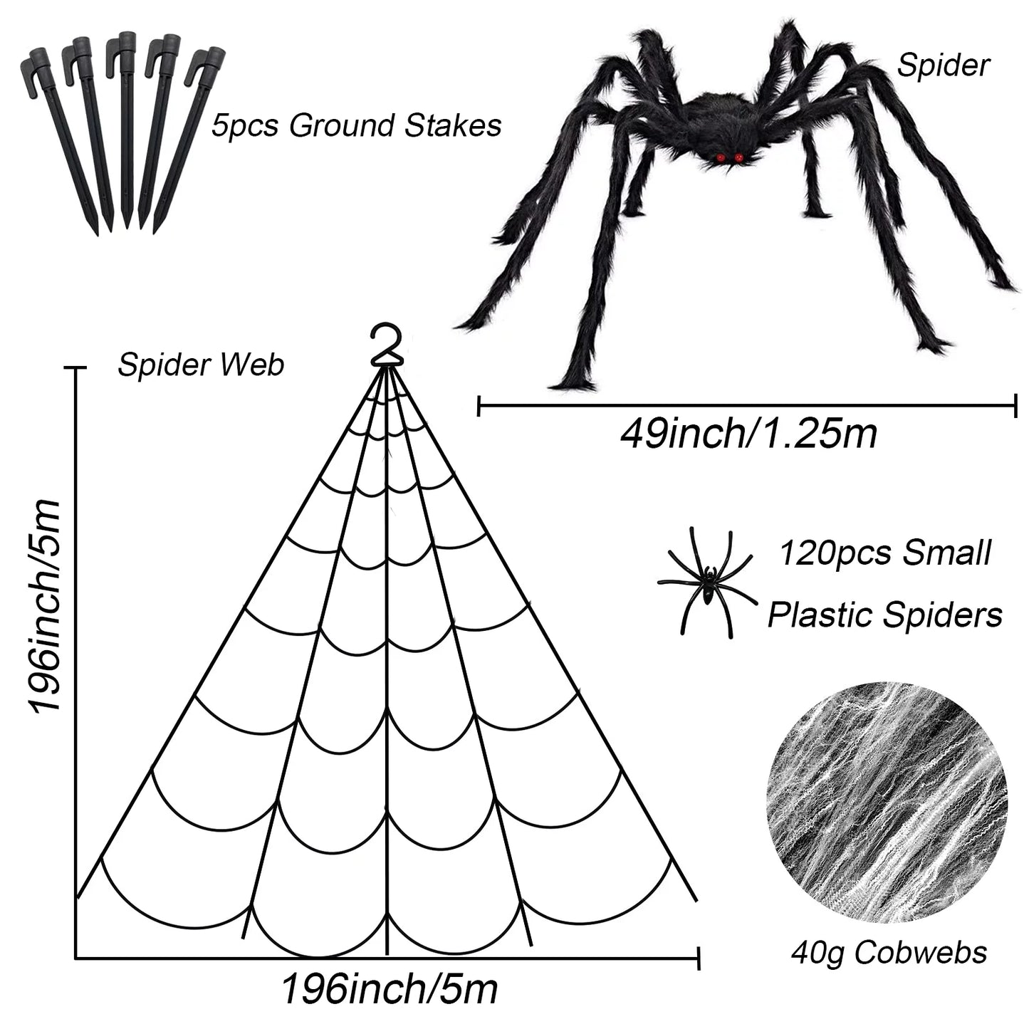 Halloween Decorations Spider Web, 16X16Ft Giant Triangular Spider Web, 120 Small Fake Spiders, 40G Stretch Cobwebs Spider Webs Costumes Halloween Decorations for outside Yard Garden Lawn Party