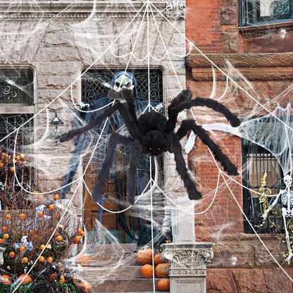 Halloween Decorations Spider Web, 16X16Ft Giant Triangular Spider Web, 120 Small Fake Spiders, 40G Stretch Cobwebs Spider Webs Costumes Halloween Decorations for outside Yard Garden Lawn Party