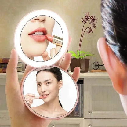 Mini LED Light Makeup Mirror Foldable Compact Mirror with Luminous Circle Portable USB Handheld Makeup Mirror