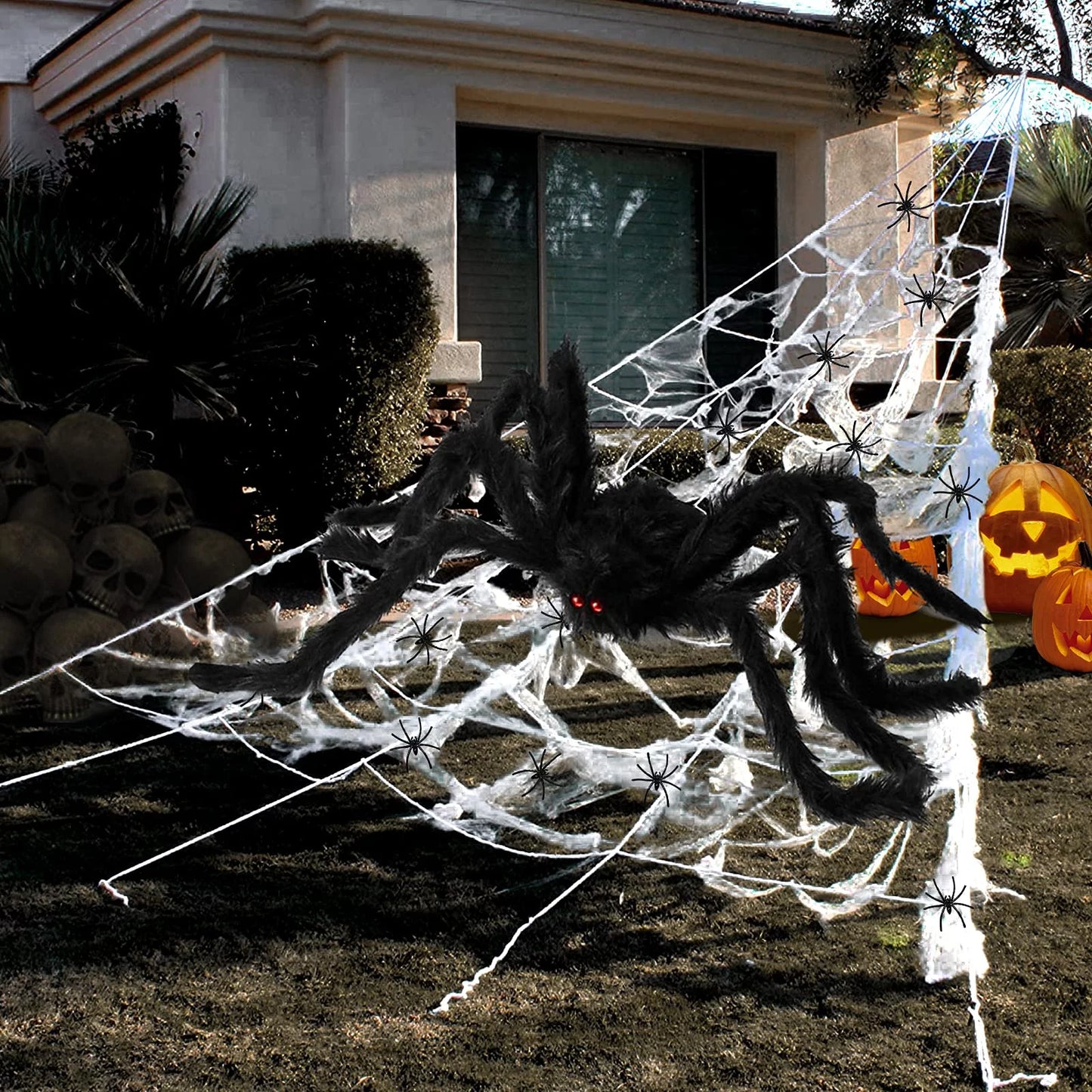 Halloween Decorations Spider Web, 16X16Ft Giant Triangular Spider Web, 120 Small Fake Spiders, 40G Stretch Cobwebs Spider Webs Costumes Halloween Decorations for outside Yard Garden Lawn Party