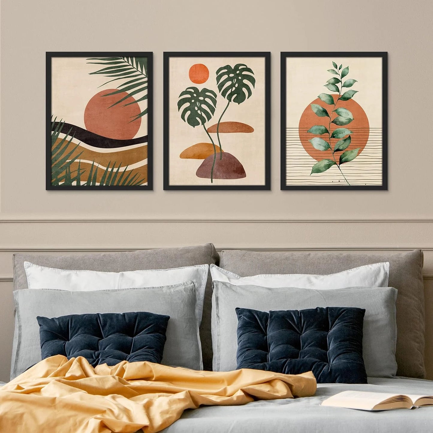 Framed Canvas Print Wall Art Set - Mid-Century Tropical Plant, Desert Landscape & Sun Art - Set of 3 Abstract Geometric Modern Home Artwork Rustic Wall Décor - 12"X16"X3 Panels Black