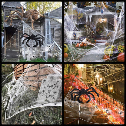 Halloween Decorations Spider Web, 16X16Ft Giant Triangular Spider Web, 120 Small Fake Spiders, 40G Stretch Cobwebs Spider Webs Costumes Halloween Decorations for outside Yard Garden Lawn Party