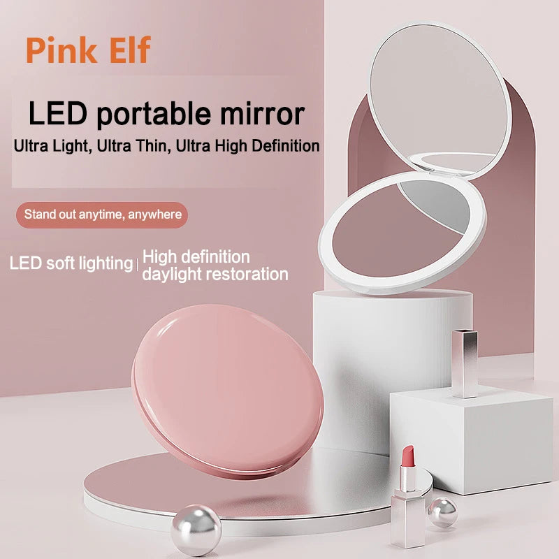 Mini LED Light Makeup Mirror Foldable Compact Mirror with Luminous Circle Portable USB Handheld Makeup Mirror